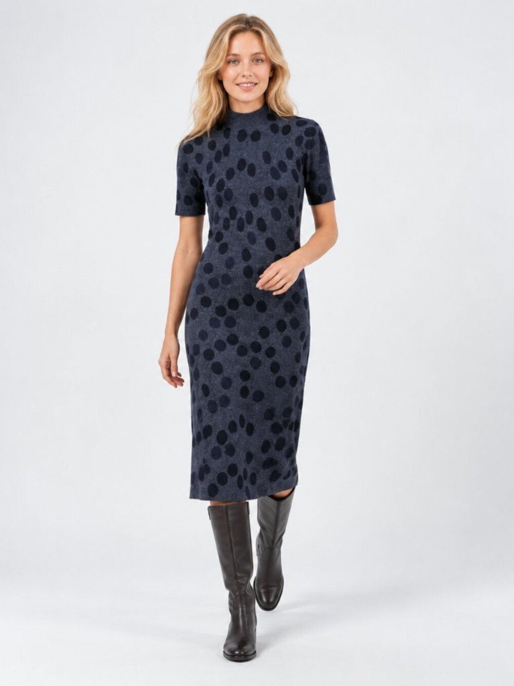 Nina Leonard Gray Black Polka Dot Short Sleeve Sweater Dress S